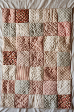 Handmade patchwork quilt in muted pink and cream
