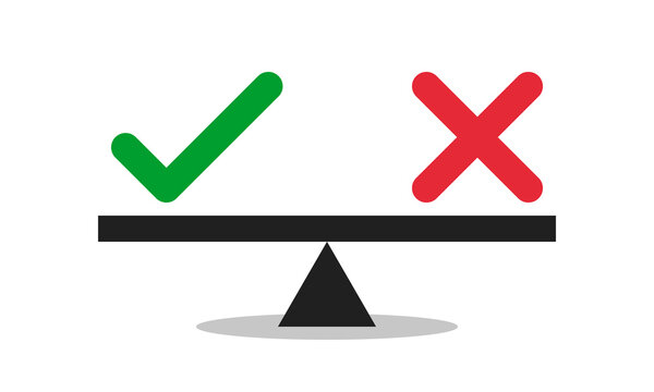 green check mark and red cross shape on scale, compare alternative choice concept, good bad in equilibrium, positive negative life balance