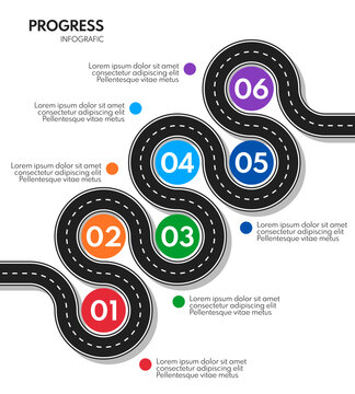 6 steps road map or timeline progress infographic, vector template