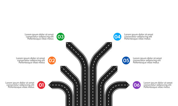 6 different direction road lines, six options infographic template, forked road business strategy concept