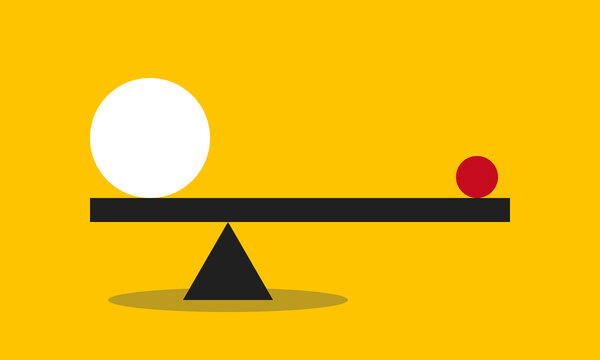 one big and one small balls in equilibrium on seesaw, concept of harmony and balance, vector flat style infografics illustration