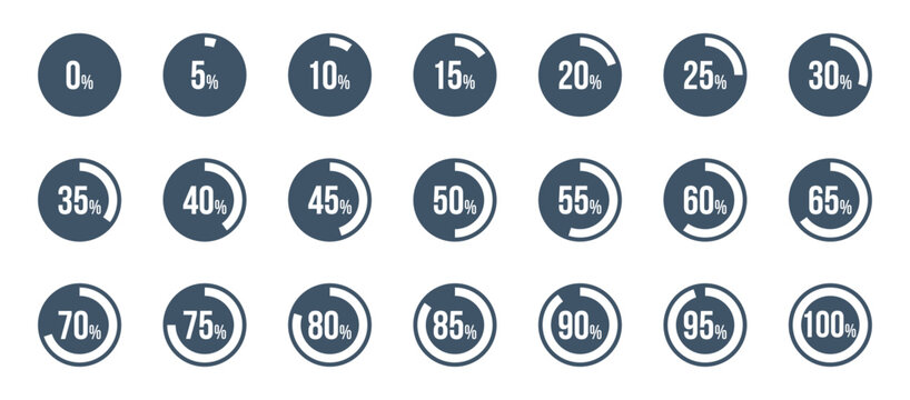 circle percentage diagrams set, started 0 finished 100, increase 5, infographic elements collection, user interface vector illustration, pie chart dashboard