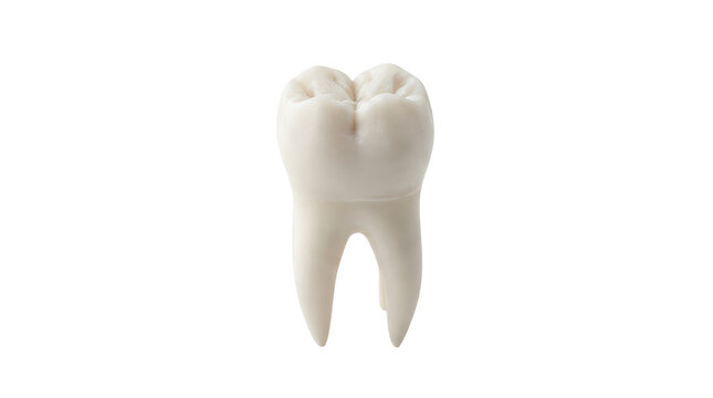 Close up studio photograph of a clean white human molar tooth showing detailed anatomical crown cusps and distinct root structures, captured against a solid white background with soft lighting