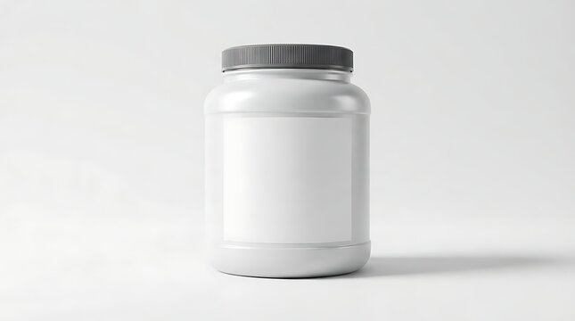 Blank white plastic supplement jar with a grey lid isolated on a white background, for health and, fitness product, packaging mockups