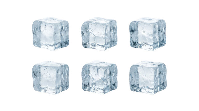 Six distinct translucent ice cubes featuring textured surfaces and subtle blue tints, arranged in a neat two-row grid formation against a clean solid white background, showcasing realistic details