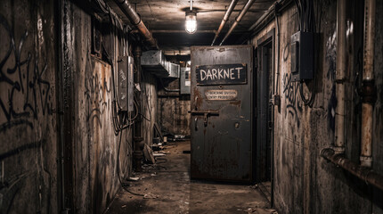 Fototapeta premium Basement hallway featuring heavy metal door with darknet sign. Cybercrime division entry prohibited notice in clandestine underground facility representing illegal digital activities.