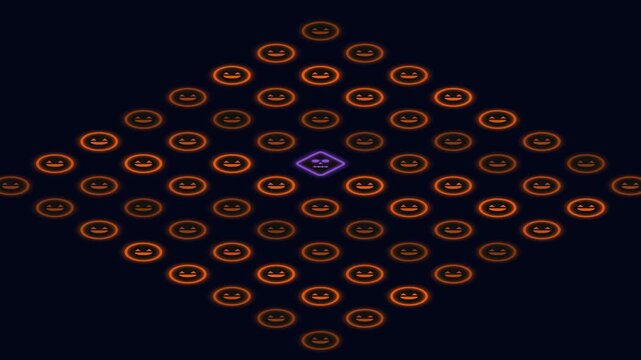 Glowing orange jack o lantern faces forming a grid pattern motion video clip for Halloween holiday background