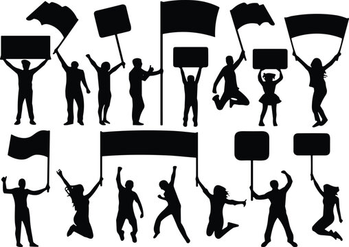 Black silhouettes of protesters holding blank signs and waving flags in a dynamic demonstration rally sequence set