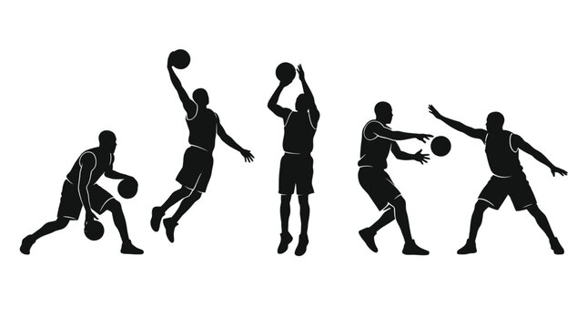 Detailed vector illustration of basketball players silhouettes showing dribbling, jumping, shooting, passing, and defending actions with black color