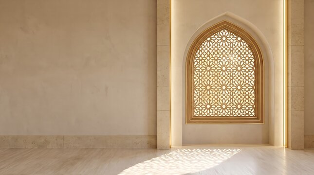 ​Luxury Islamic architecture background with ornate 3D arched geometric window