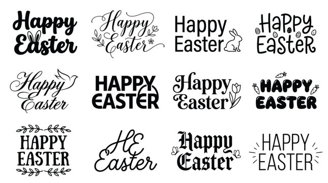 Decorative typography vector set featuring happy easter greetings with cute holiday icons in black and white styles