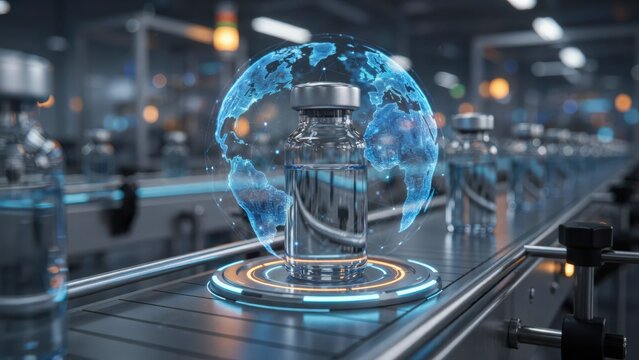 A glass medical vial stands on an industrial assembly line with a glowing digital globe hologram. Global vaccine distribution and pharmaceutical manufacturing concept.