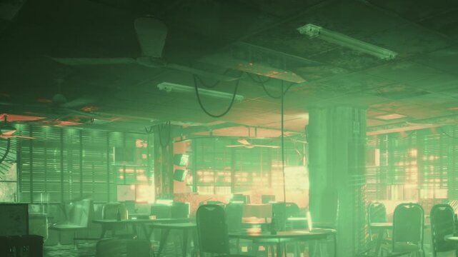 Sunlight streams through broken windows, illuminating dust in the air of an abandoned space. Tables and chairs are scattered, hinting at past gatherings lost to time and silence.