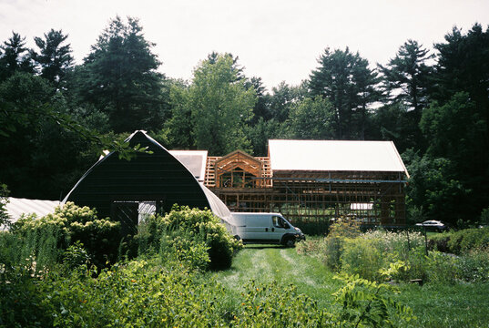 35mm film of construction of barn extension in massachusetts in summer