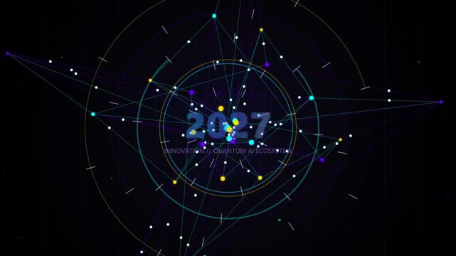 Abstract glowing network of connected dots and lines in dark space with year 2027 text overlay.