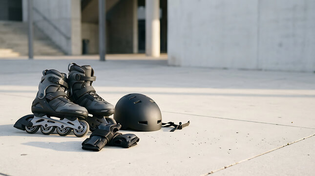 Pair of black inline roller skates, a black helmet, and wrist guards placed on a light grey concrete surface with architectural background
