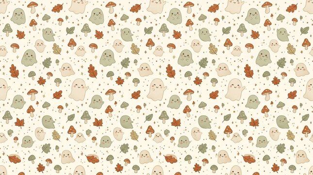 Seamless pattern with cute ghosts, autumn leaves, and mushrooms