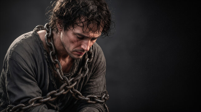 Man bound in heavy iron chains looking down with sad expression. Captive prisoner in dark dungeon setting.