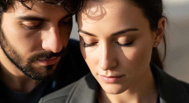 Close-up of a couple with eyes closed in warm sunlight