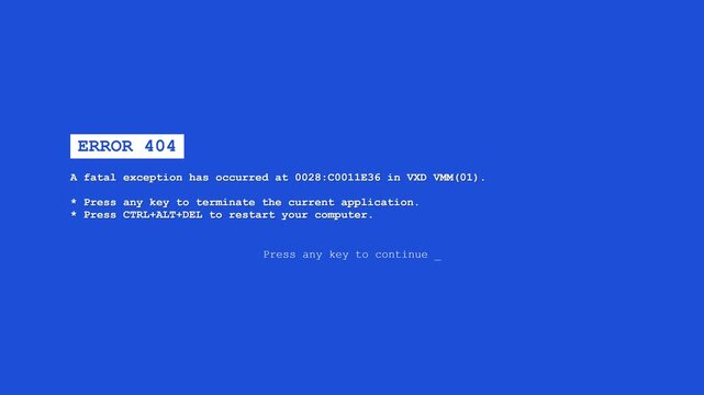 Blue screen of death error 404 digital system crash warning video footage background animation loop