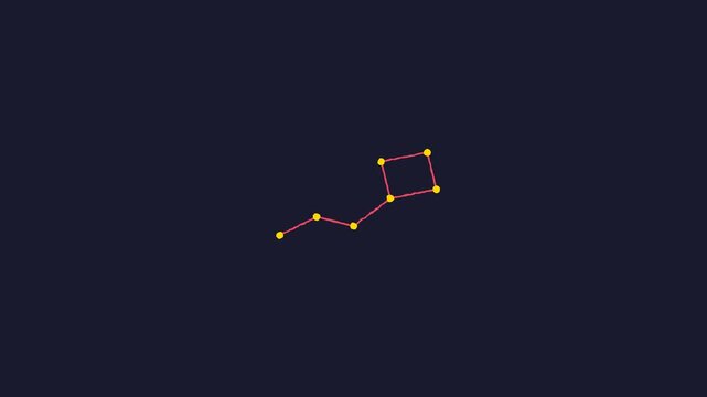 Animated night sky constellation map showing glowing yellow stars connected by red lines in motion footage