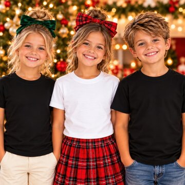 Young boy and 2 girl models in white, black shirts stand in holiday decorated room. Three kids. Christmas design shirt mockup. Multiple tee template. Children group, siblings, brother, sister