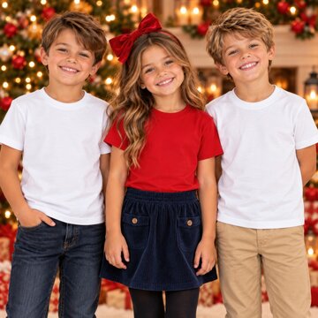 Young girl and 2 boys models in white, red shirts stand in holiday decorated room. Three kids. Christmas design shirt mockup. Multiple tee template. Children group, siblings, brother, sister