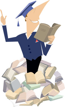 Remember, knowledge is power. Man in the graduation hat and a lot of books