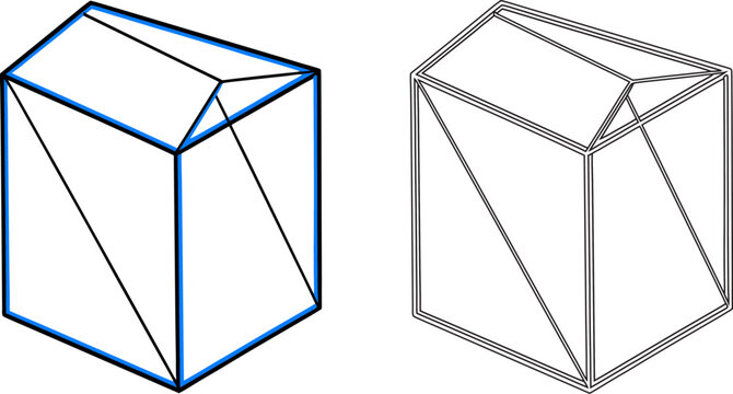 Isometric view of a tall rectangular box with a gabled shown in both bold line and thin outline styles