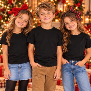 Young boy and 2 girl models in black shirts stand in holiday decorated room. Three kids. Christmas design shirt mockup. Multiple tee template. Children group, siblings, brother, sister