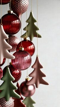 Elegant Christmas background with ornaments in deep red, dusty pink, blush rose and sage green color. Modern festive holiday background, space for text. 