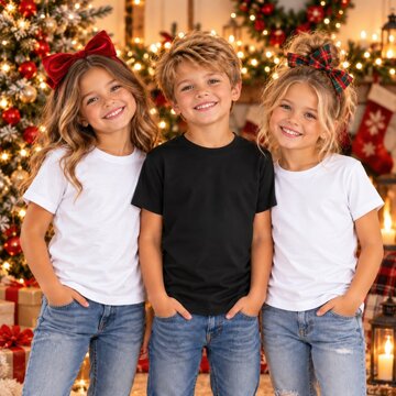 Young boy in black tee and 2 girl models in white shirts stand in holiday decorated room. Three kids. Christmas design shirt mockup. Multiple tee template. Children group, siblings, brother, sister