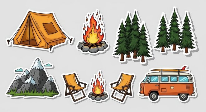 Camping sticker set with tent campfire pine trees mountains deck chairs and van