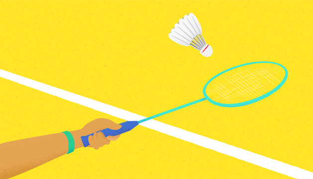 Badminton sport design with racket and shuttlecock on court.