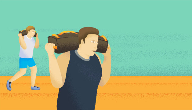 Two athletes are training the sandbag workout of Hyrox functional training.
