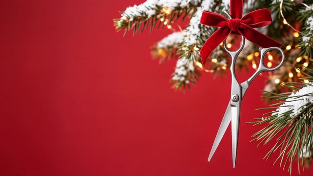 Hairdressing scissors and a bow on spruce branches with garland lights and space for text. A New Year's concept for beauty salons, barbershops, and hairstylists