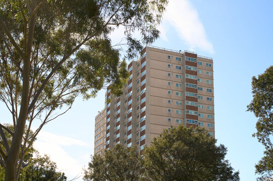 High-rise Social Housing Flats Viewed From Ground Level With Trees