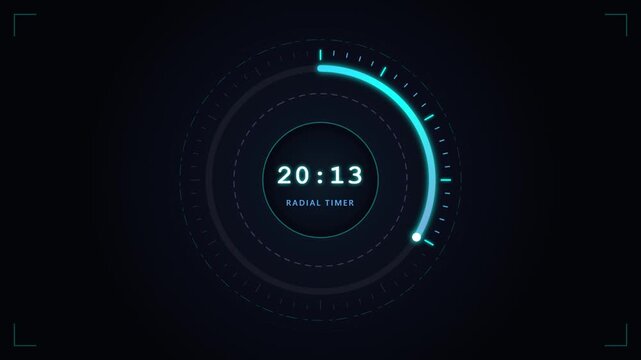 Digital radial timer countdown clock with glowing blue circular