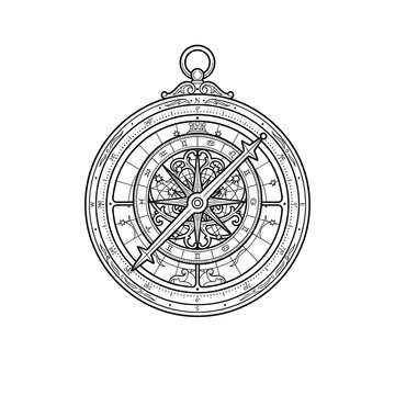 Detailed antique compass with intricate engravings and directional markings, vintage navigation tool, engraved old classic magnetic mariner