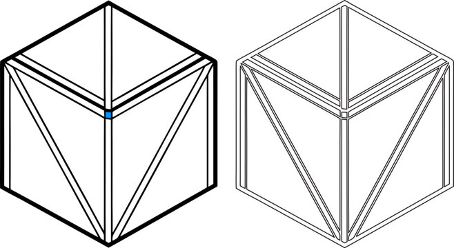 Isometric cube box with structural frame and blue accent in solid black and thin line on white background