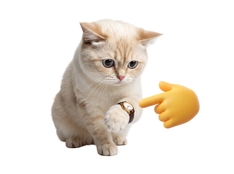 Cat looking at wrist watch pointing with emoji hand on white background