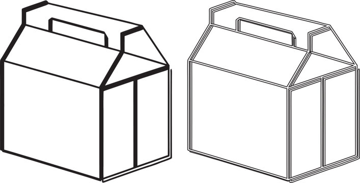 Isometric box with a handle in solid black and thin line on a white background, for packaging container