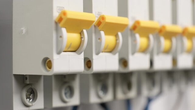 Protection circuit breakers in electrical panel box close-up