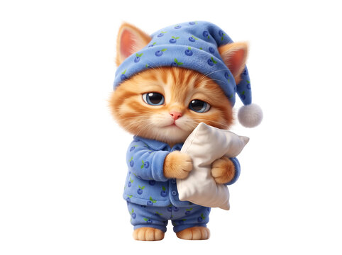Cute sleepy kitten wearing blue pajamas and nightcap holding a pillow