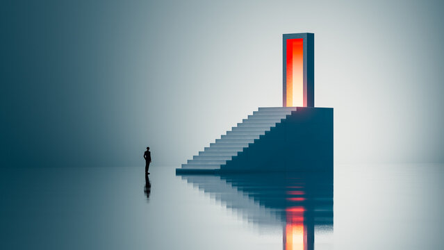 Man Facing Staircase to Glowing Door of Opportunity