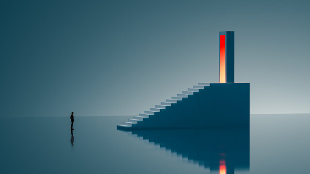 Man Contemplating Long Staircase to Glowing Door