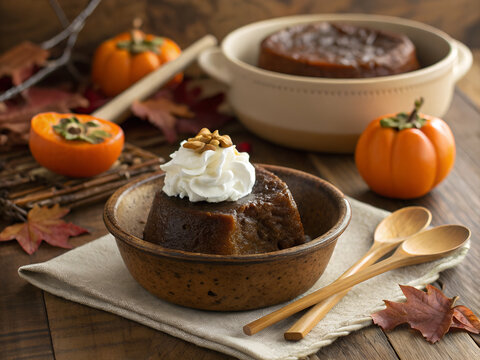  Traditional Indiana persimmon pudding with a dense  moist  dark amber interior  served warm in a rustic bowl with whipped cream and fresh ripe persimmons  vintage autumn farmhouse table with dried le