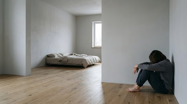 Person sitting in a corner of an empty room feeling isolated and depressed