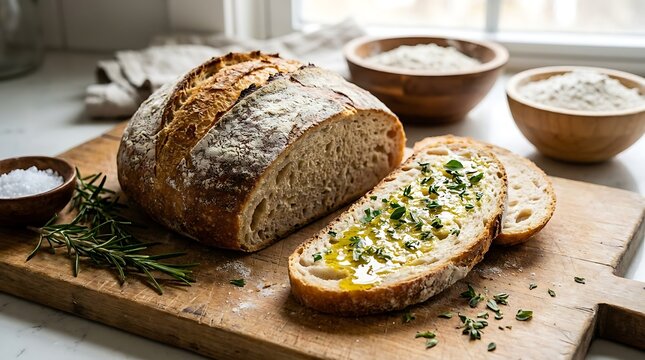 Rustic artisanal sourdough bread loaf on wooden cutting board, sliced organic crusty loaf with butter and herbs, cozy kitchen bakery concept