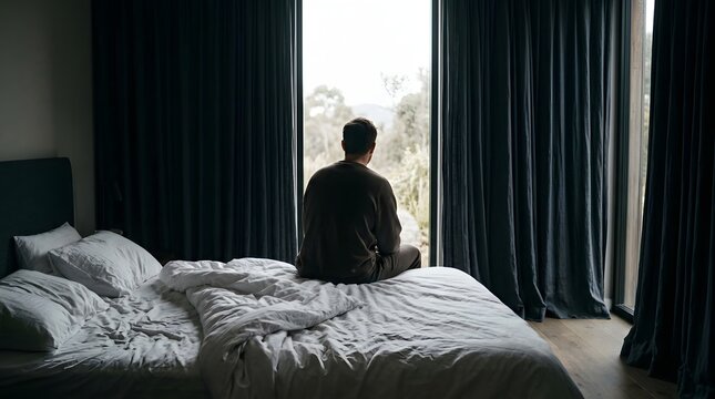 Woman sitting on bed looking out window lost in thought and contemplation